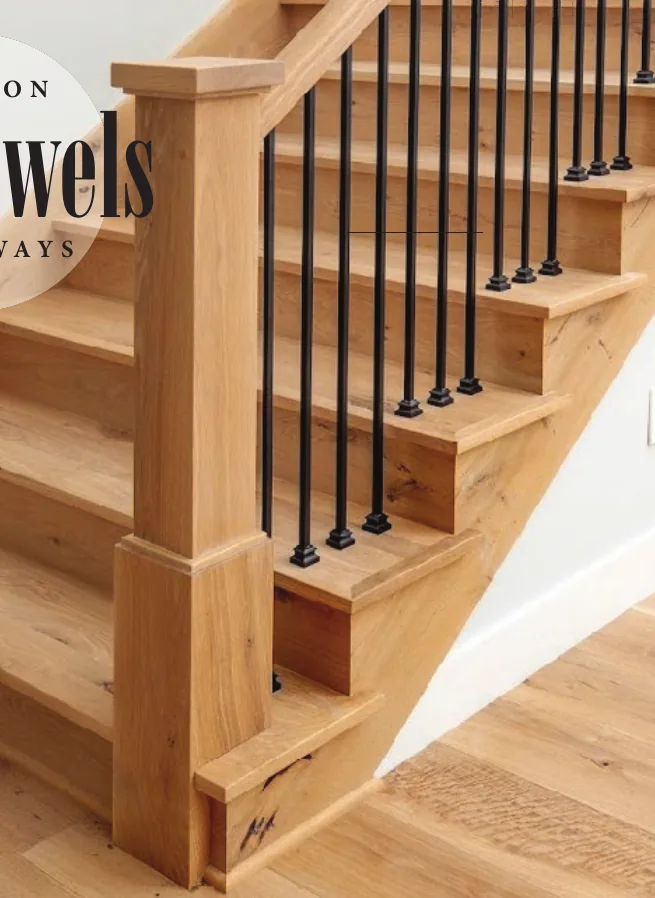 Mission box newel in white oak with black iron balusters and matching treads