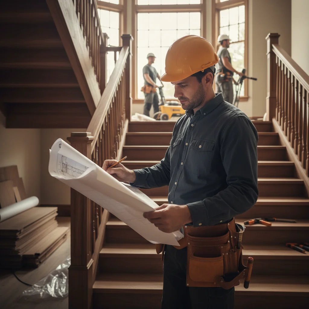 Contractor reviewing plans on job site