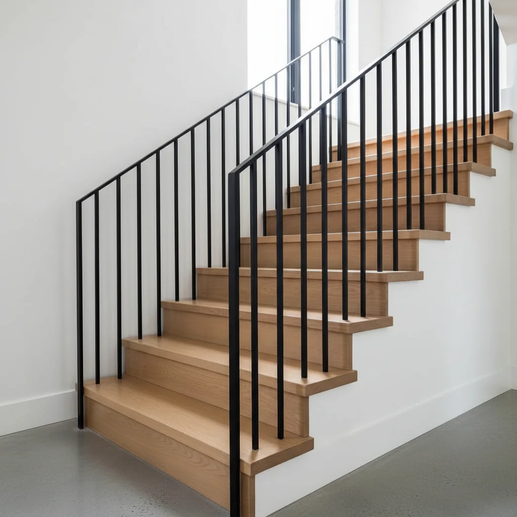 Finished staircase showing coordinated wood and iron railing components