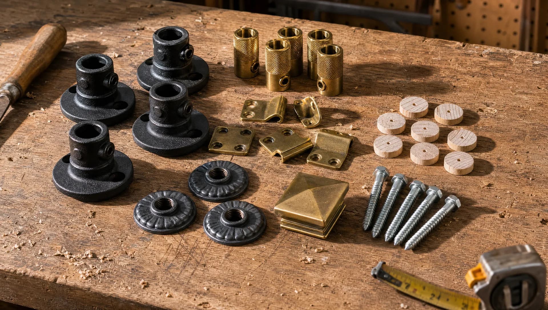 Stair and railing hardware organized on a workbench
