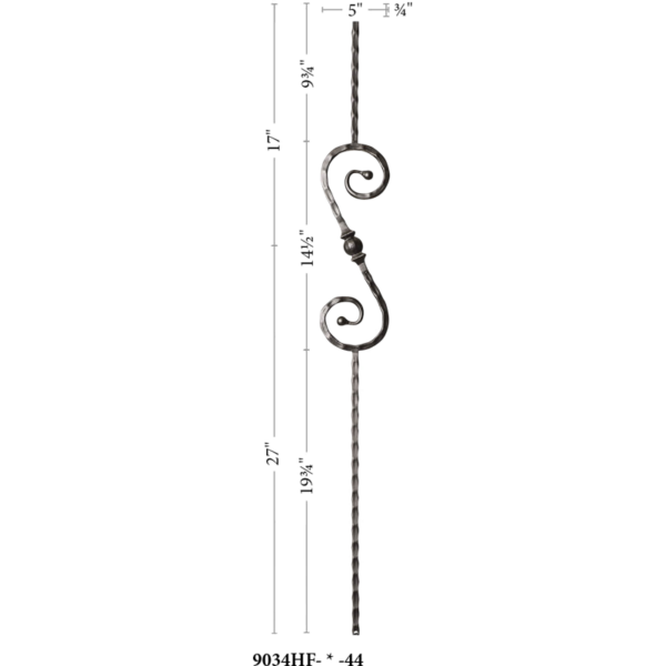 9034HF Scroll and ball with hammered Face Iron balusters 9/16"